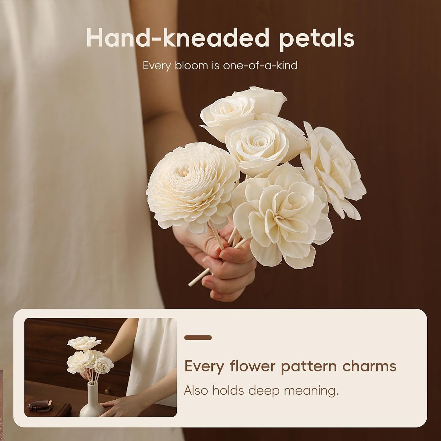 Flower Reed Diffuser Sola Wood Flowers Natural Material Aromatherapy Reed Decorative Aromatherapy Flower Refill Diffuser Reeds, 7Pcs Flower, 7Pcs Rope, 8 Pcs Diffuser Rattan (2-3.5 Inches, White)