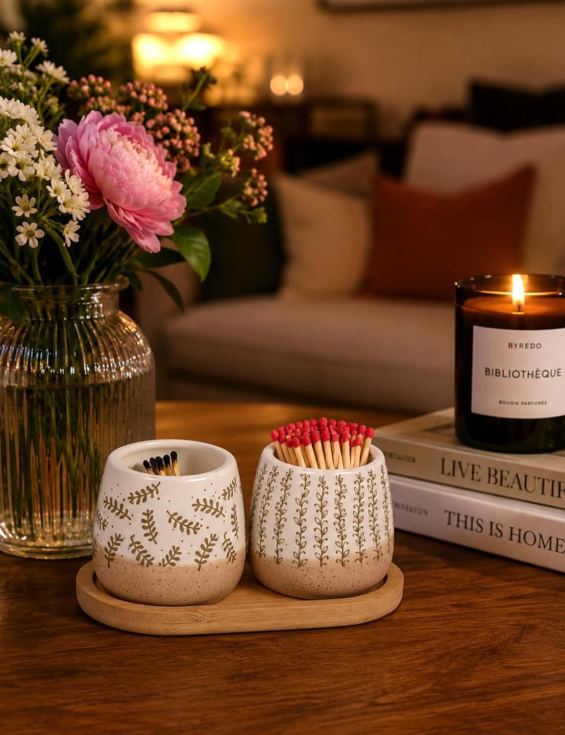 Set of 2 Hand-Drawn Botanical Ceramic Match Holders with Striker – Scandinavian Line Art Fern & Vine Pattern, Mini Matchstick Jar for Kitchen Bathroom Candle Decor, Matches NOT Included