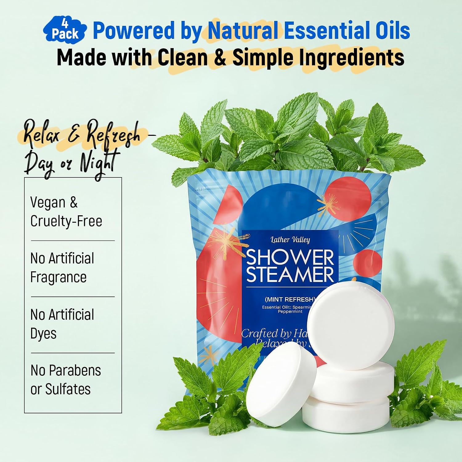Shower Steamers Aromatherapy & Sport, 100% Pure Natural Essential Oils, Energy Refresh & Invigorating, Relaxing, Spa & Birthday Gifts for Women & Men, Self Care – Spearmint & Peppermint, 4 Pack