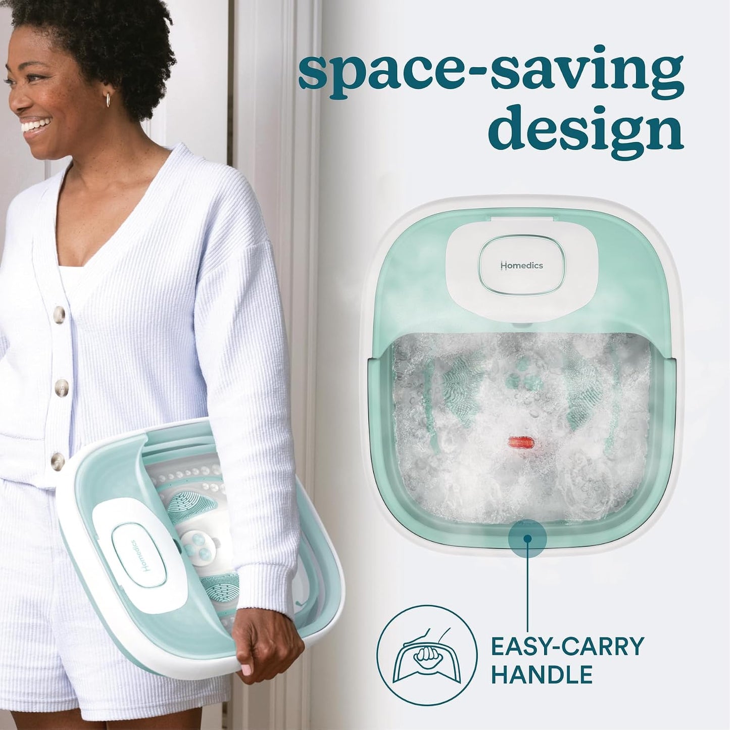 HoMedics Smart Space Elite Footbath with Heat Boost, Collapsible, Invigorating Bubble Massage, 3 Pedicure Attachments, Safe to Use Bath Salts, Patented Safety-Lock System, Ergonomic