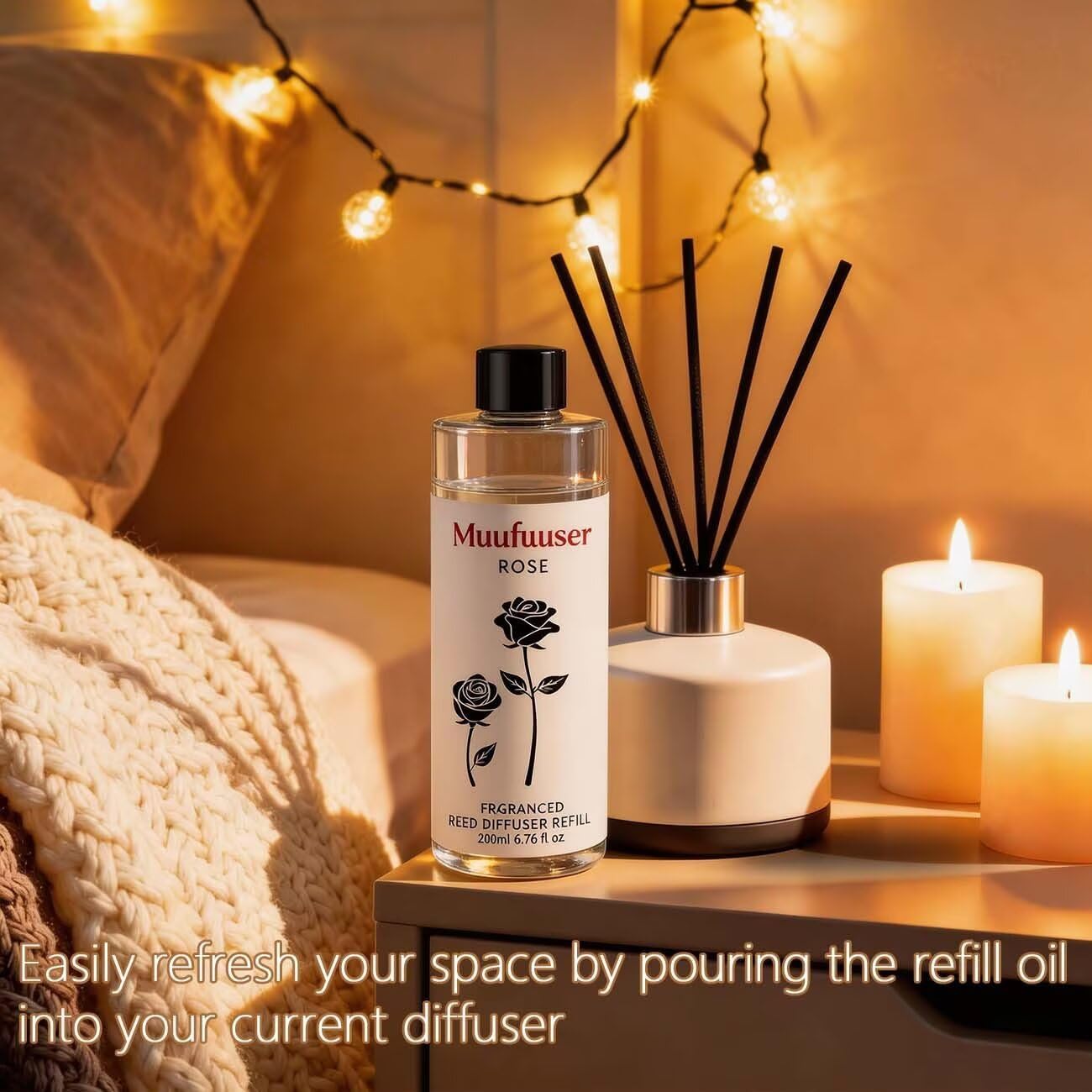 Reed Diffuser Refill, 200ml Scented Oil Refill for Home Fragrance, Long-Lasting Aromatherapy Oils for Reed Diffuser Sticks, Clean Formula with Premium Fragrance Oils, 6.8 Fl Oz (24 Scents