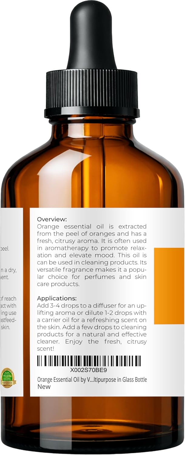 Orange Essential Oil by Velona - 4 Fl Oz | Therapeutic Grade | for Aromatherapy Diffuser, Massage, Skincare, Haircare, Soapmaking | Undiluted