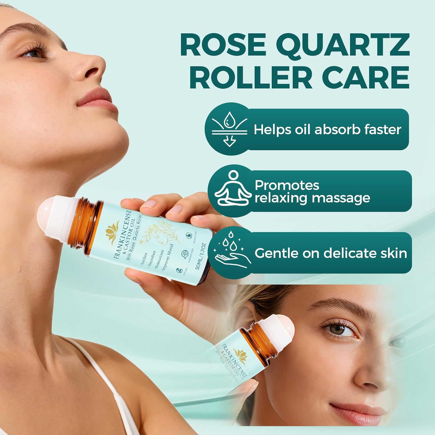 Frankincense and Castor Oil Roll On with Rose Quartz | 100% Pure Organic Cold-Pressed Castor Oil–Firms Skin, Reduces the Look of Fine Lines,Supports Hormonal Balance–For Face, Neck & Abdomen,1.7 fl oz