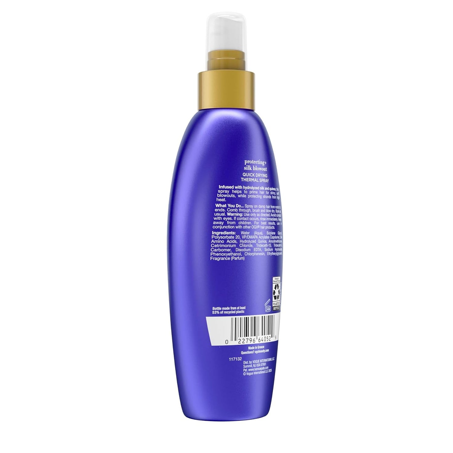 OGX Protecting + Silk Blowout Quick Drying Thermal Protection Spray, Heat Protectant Spray Shields Hair up to 450°F For Soft, Shiny Hair and Big, Beautiful Blowouts, Light Hold, 6 fl. oz