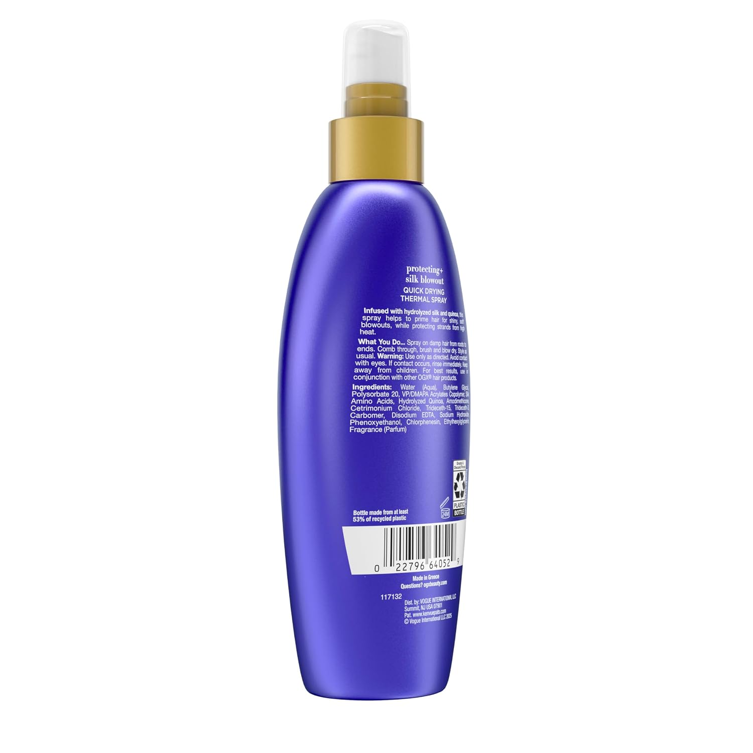 OGX Protecting + Silk Blowout Quick Drying Thermal Protection Spray, Heat Protectant Spray Shields Hair up to 450°F For Soft, Shiny Hair and Big, Beautiful Blowouts, Light Hold, 6 fl. oz