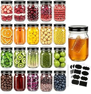 QAPPDA Mason Jars,Glass Jars With Lids 12 oz,Canning Jars For Pickles And Kitchen Storage,Wide Mouth Spice Jars With Black Lids For Honey,Caviar,Herb,Jelly,Jams,Set of 20
