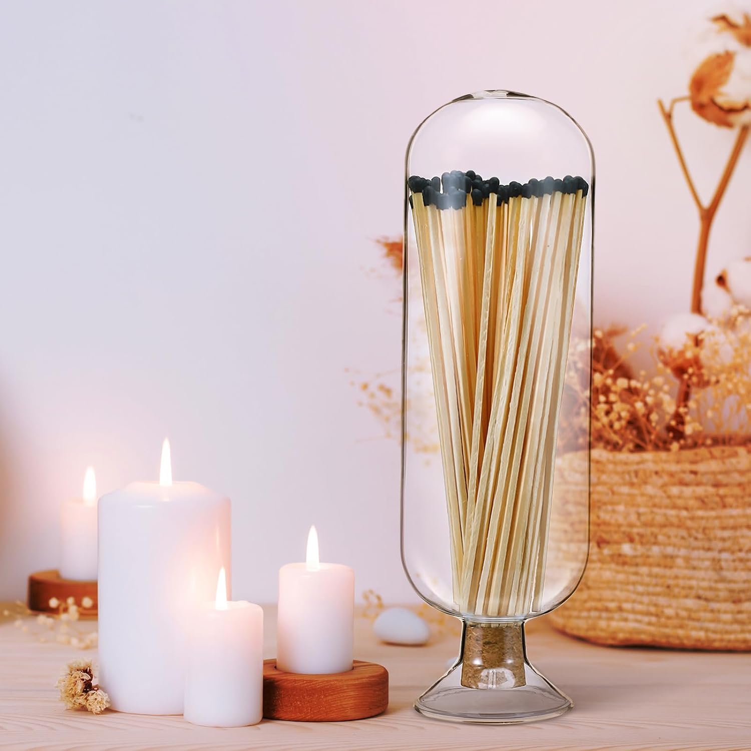 Extra Tall 11 Decorative Glass Matches Cloche Decorative Match Holder Jar for Candle Matches Trendy Fireplace Display Decor, Sticks Not Included