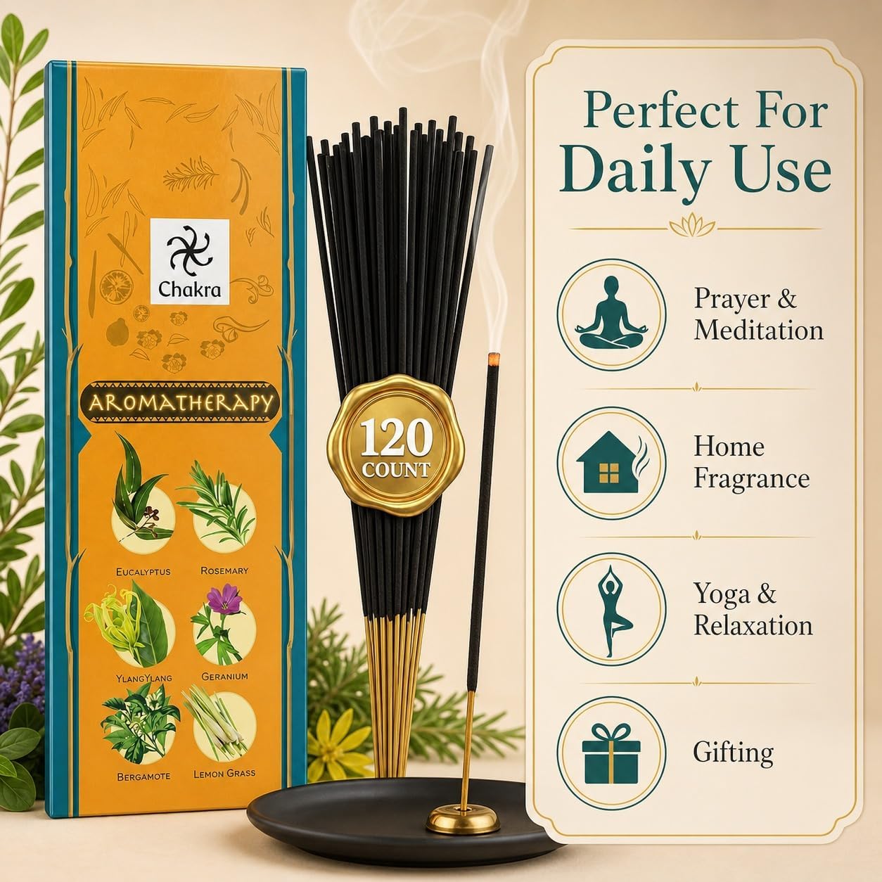 Aromatherapy Incense Gift Pack – 120 Natural Sticks (6 Boxes) – Relaxing, Stress Relief, Meditation, Refreshing, Sensuality & Energising Scents – Eucalyptus, Geranium & More | Chakra