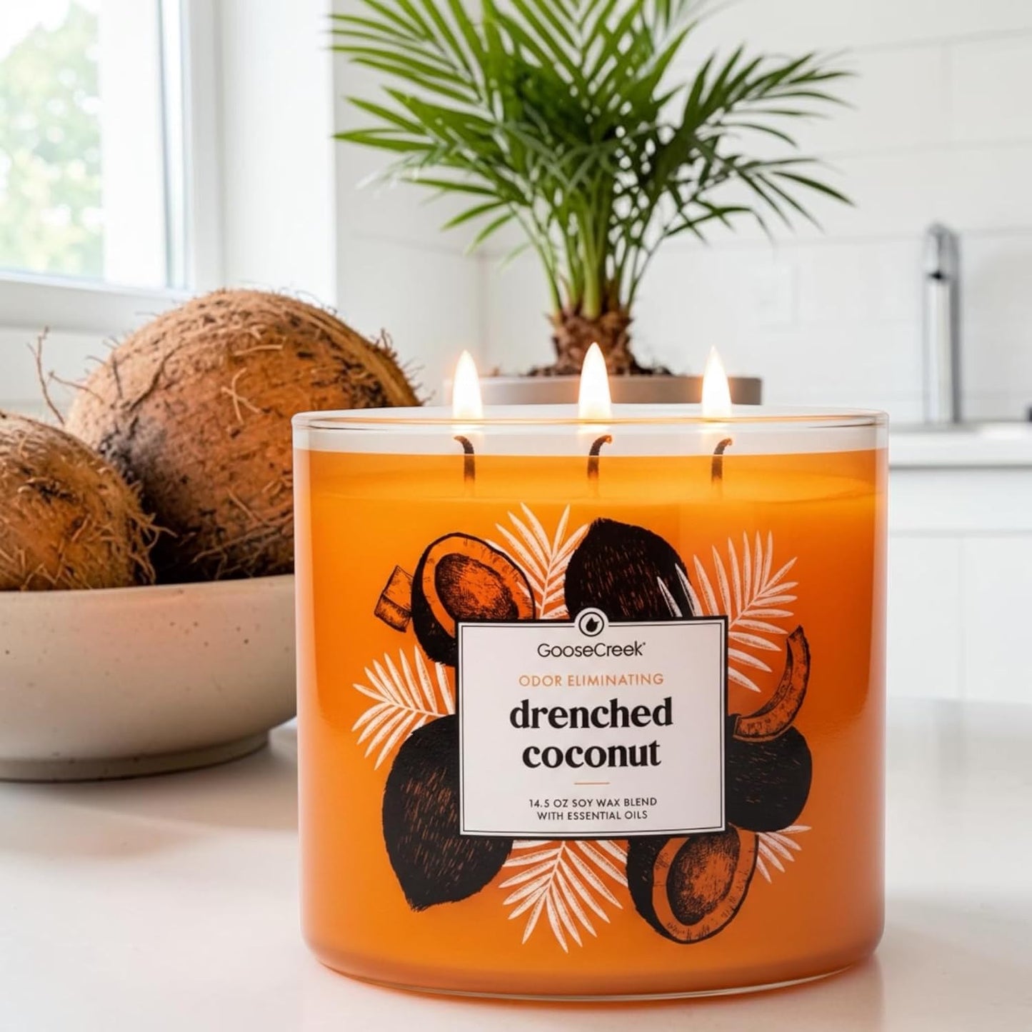 Drenched Coconut 3-Wick Candle, Odor Eliminating, 14.5 oz Soy Wax Blend with Essential Oils