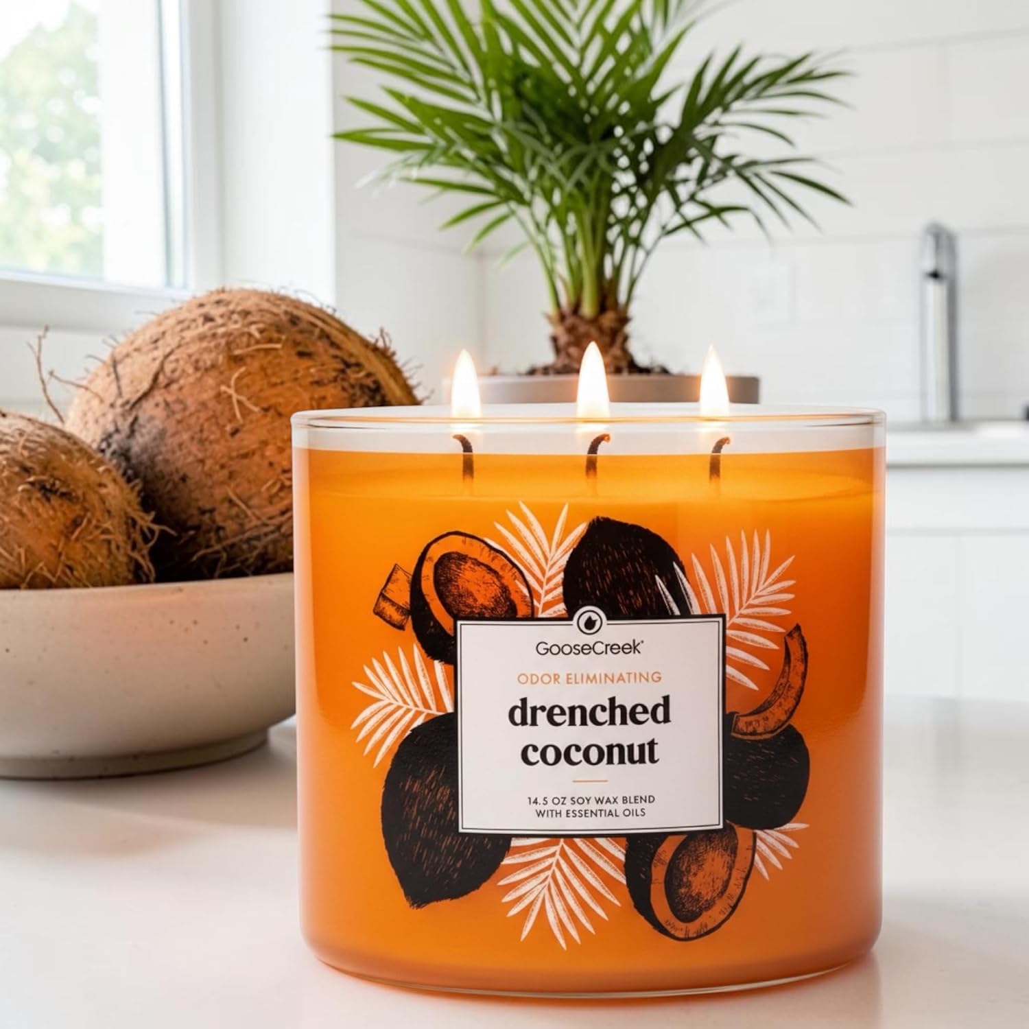 Drenched Coconut 3-Wick Candle, Odor Eliminating, 14.5 oz Soy Wax Blend with Essential Oils
