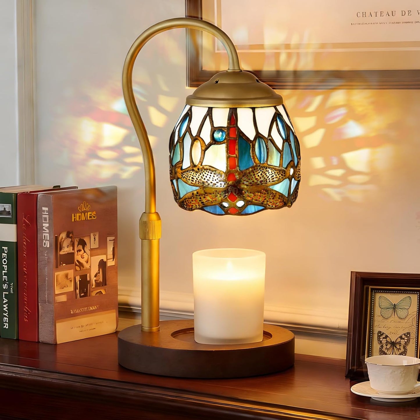 Dragonfly Tiffany Style Candle Warmer Lamp, Adjustable Height Candle Warmer Lamp with Timer and Dimmer, Dimmable Electric Candle Warmer for Scented Wax, Glass Shade, Metal Stem, Wooden Base