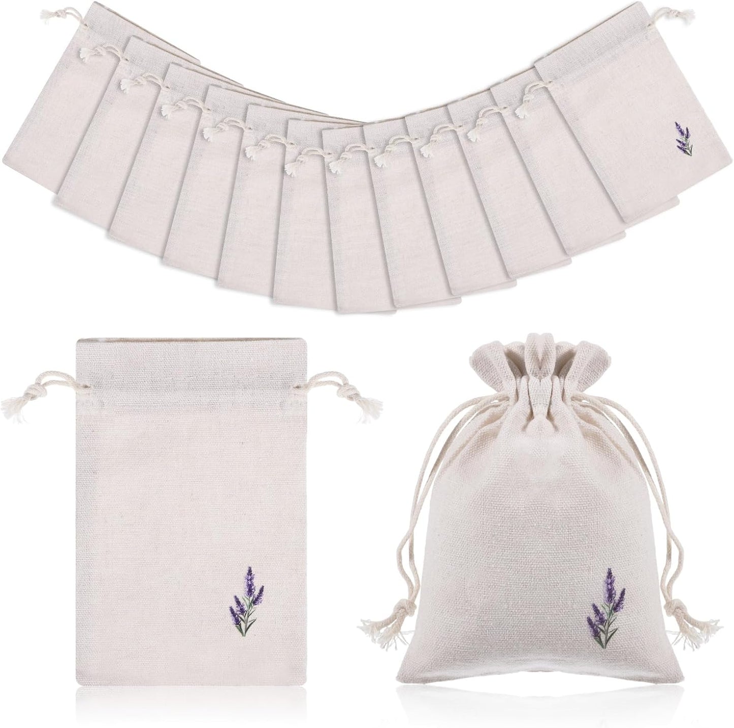 12 Pcs Cotton Lavender Drawstring Bags 4 x 6 Inch Reusable Muslin Drawstring Pouch Small Sachet Empty Bags Embroidered Cloth Bag Mini Fabric Bag for Filling Spice Jewelry Gift