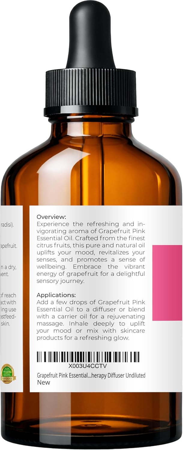 Grapefruit Pink Essential Oil by Velona - 4 Fl Oz | Therapeutic Grade | for Aromatherapy Diffuser, Massage, Skincare, Haircare, Soapmaking | Undiluted in Glass Bottle