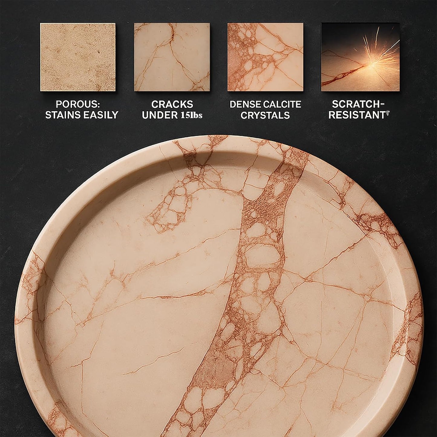 Luxury Real Marble Tray, Natural Round Vanity Tray for Perfume, Jewelry, Candle, Bathroom or Kitchen, 10in Stone Organizer Dish, Jade Bloom