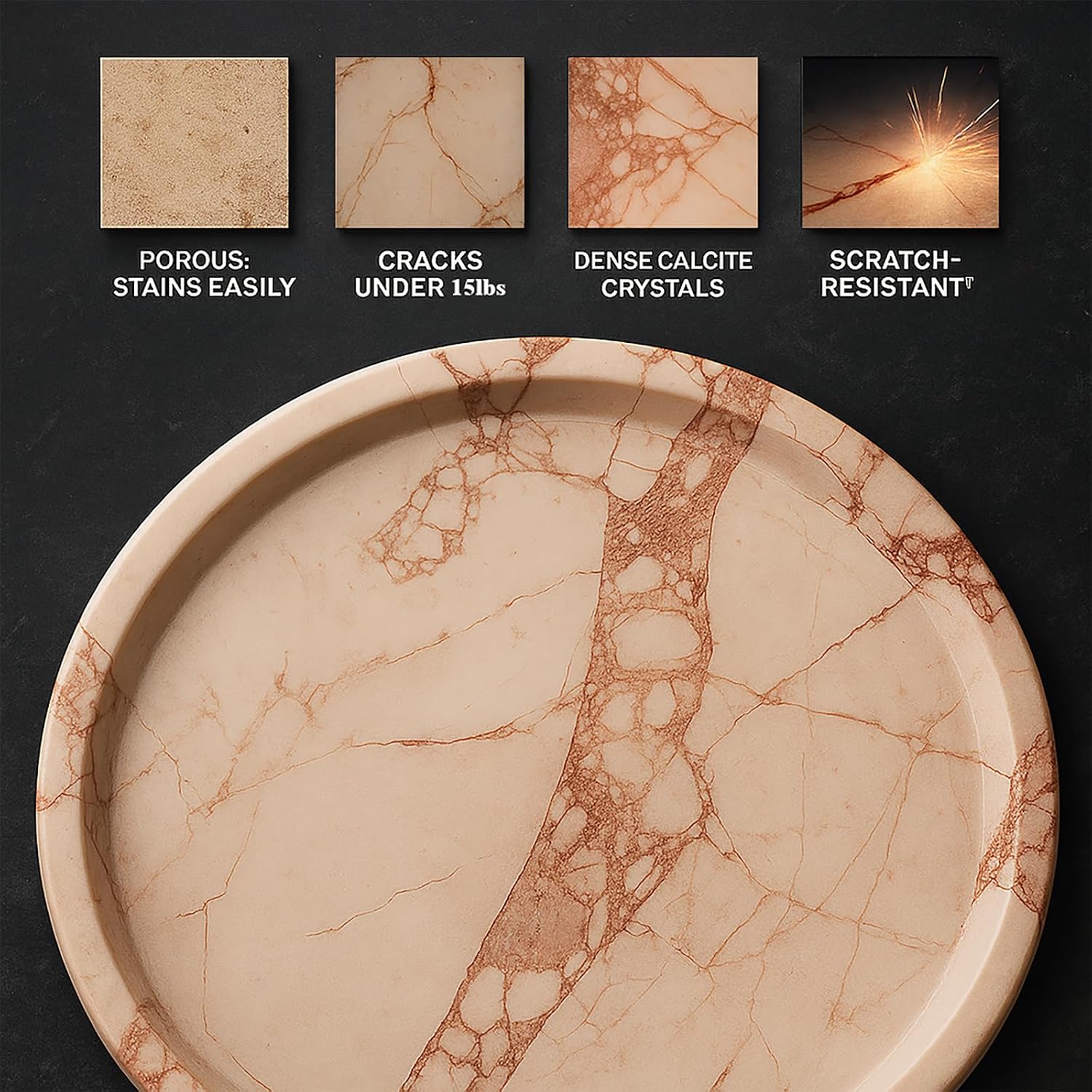 Luxury Real Marble Tray, Natural Round Vanity Tray for Perfume, Jewelry, Candle, Bathroom or Kitchen, 10in Stone Organizer Dish, Jade Bloom