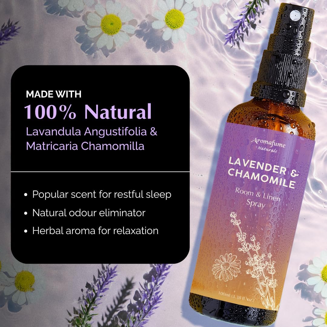 Lavender & Chamomile Room, Linen & Pillow Spray by Aromafume | 100ml/3.38 fl oz | with Pure Lavender Essential Oil | Aromatherapy Spray for Relaxation | Air Freshener