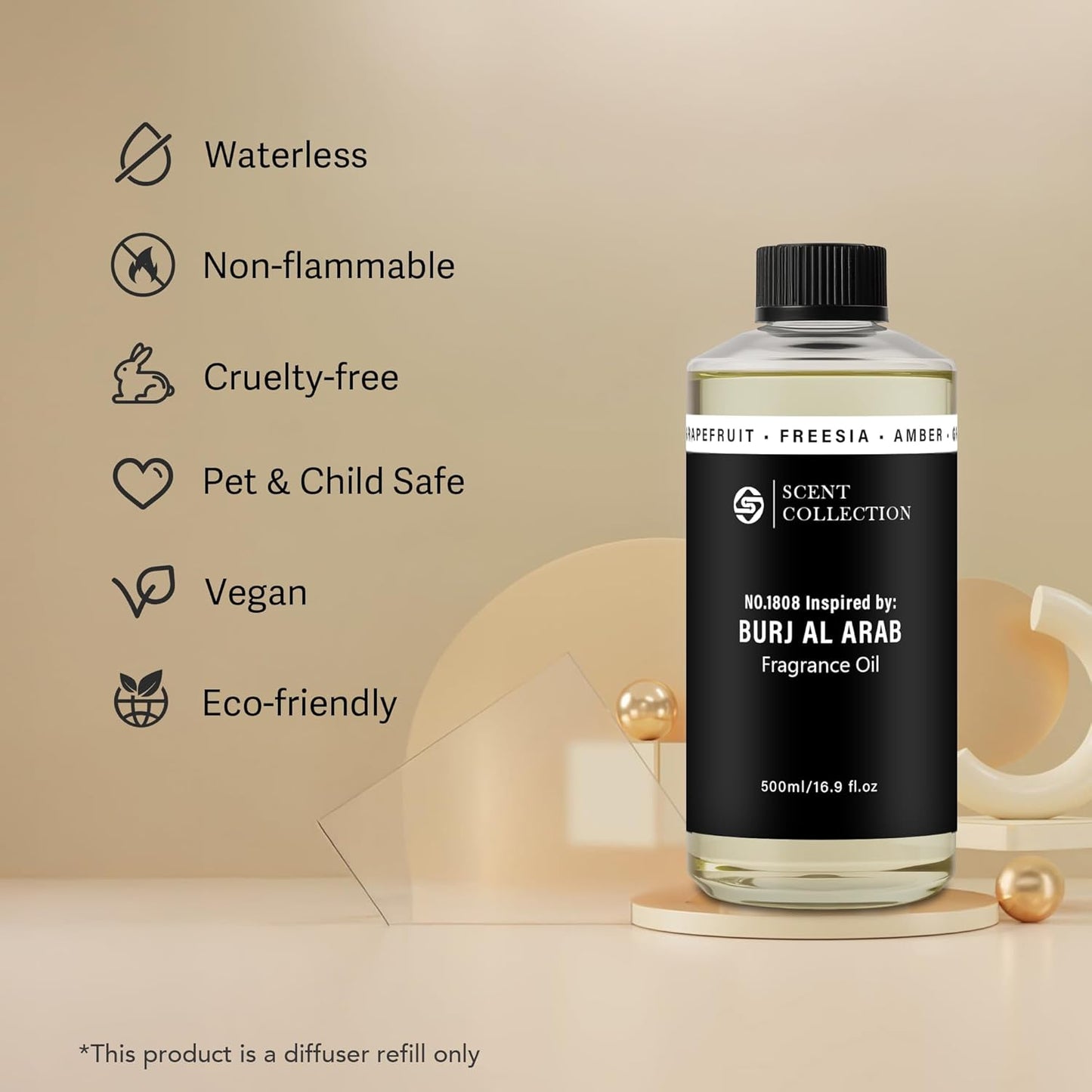 Dubai Luxury Scent Diffuser Oil 500ml – Hotel Style Fragrance Oil for Home, Large Room – Long Lasting Aroma Oil for Ultrasonic & Waterless Diffusers – Grapefruit, Freesia, Amber