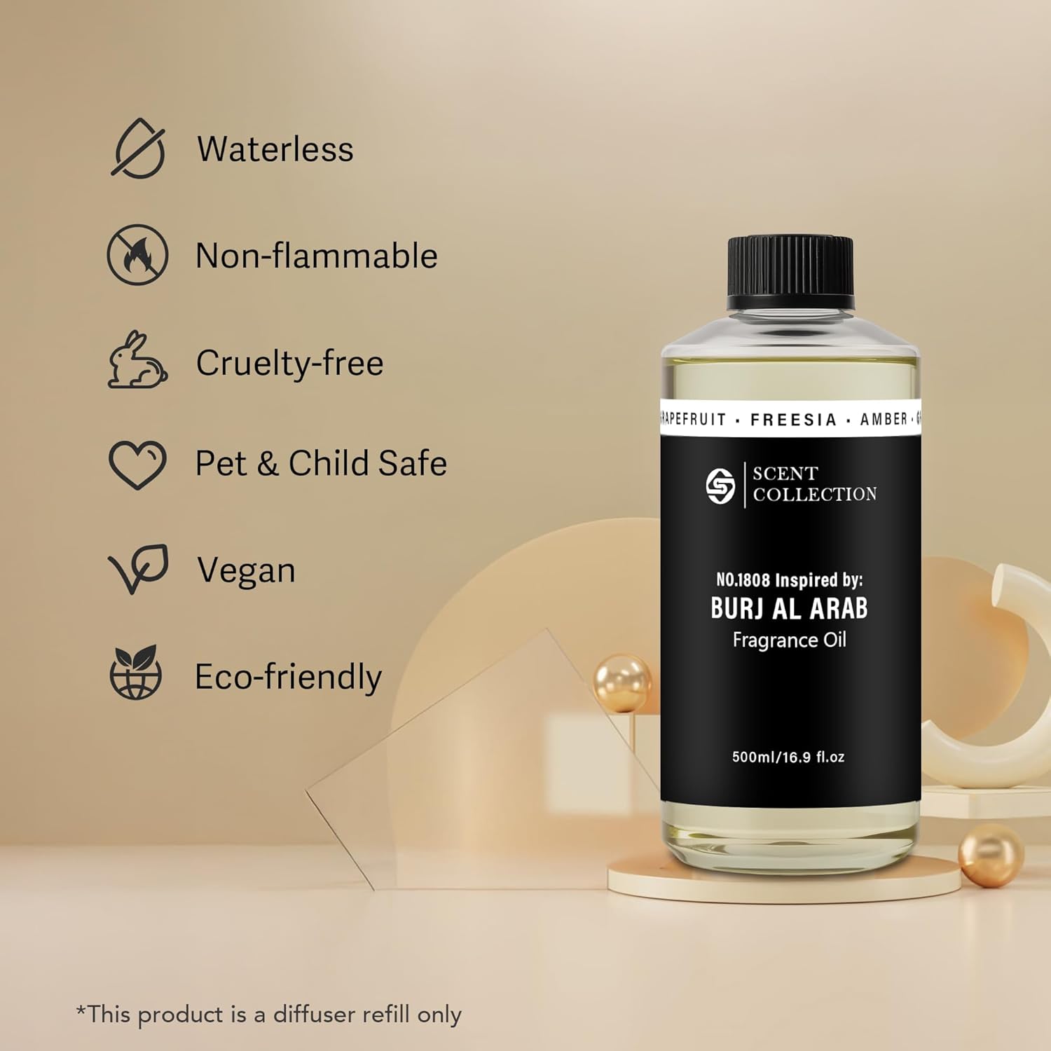 Dubai Luxury Scent Diffuser Oil 500ml – Hotel Style Fragrance Oil for Home, Large Room – Long Lasting Aroma Oil for Ultrasonic & Waterless Diffusers – Grapefruit, Freesia, Amber