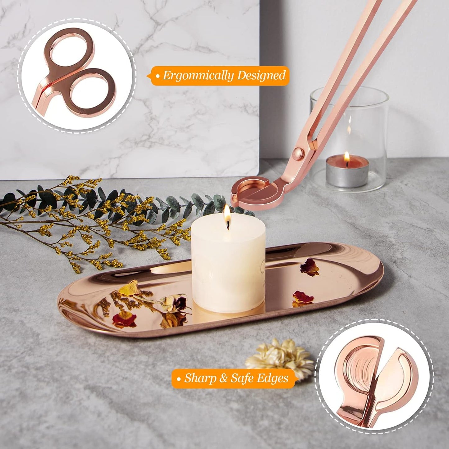 5Pcs Accessory Set with Rechargeable Electric Lighter, Storage Tray, Wick Trimmer, Snuffer, Dipper, Stainless Steel Care Kit Gift Package for Candle Lover Rose Gold