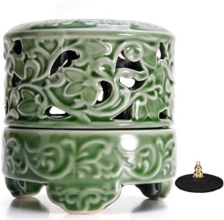 USMOLA Incense Burner with Lid, Ceramic Incense Holder for Stick Cones & Coils Incense with Burn Cotton for Home, Office, Yoga, Green Lotus