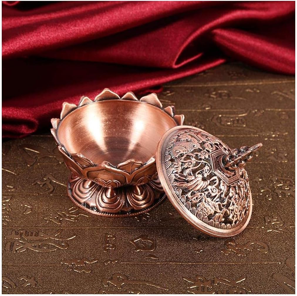 Incense Burner, Bronze Antique Chinese Asian Style Lotus Flower Incense Burner Pot Backflow Smoke Incense Burner Stick Cone Holder Zen Buddha Buddhist Meditation Decor Gift Set(Red Bronze)