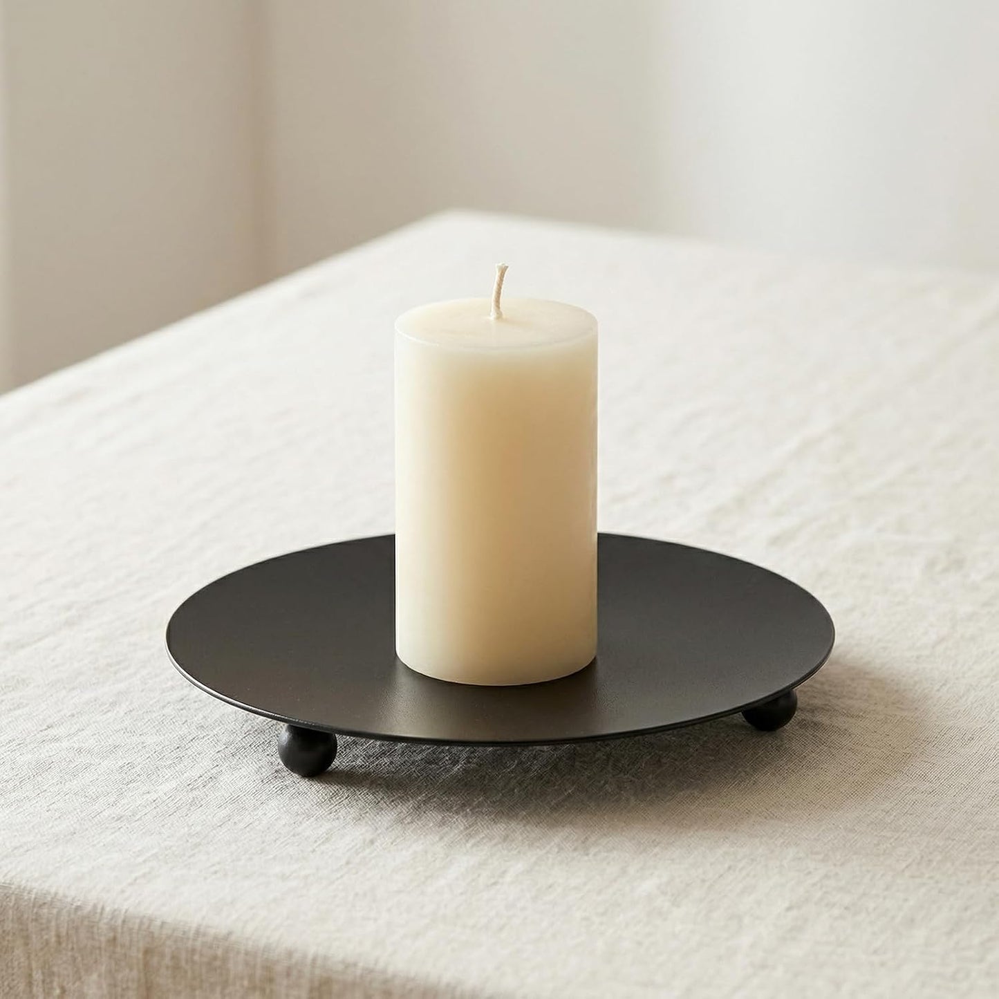 JEUIHAU 12 Pcs 4 Inch Candle Holder Trays, Round Decorative Iron Plate Candle Stand Tray, Plate Metal Candlestick Holder for Wedding Party, Home Table Decor, Spa, Pillar, Wax, Led Candles, Black