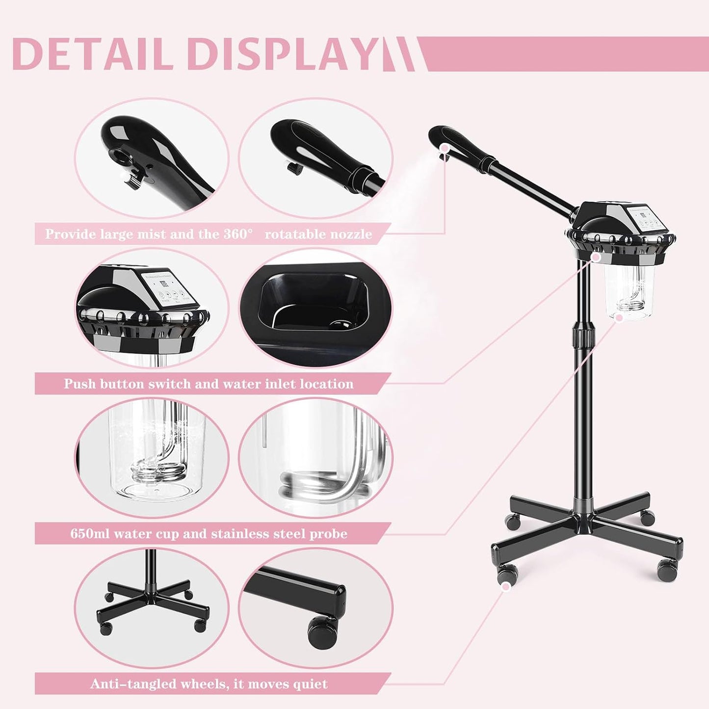 Professional Facial Steamer, Facial Steamer on Wheels with More Steam, Adjustable Height and Angle, Face Steamer for Deep Cleansing and Hydration, Estheticians Steamer for Beauty, Spa and Home Use