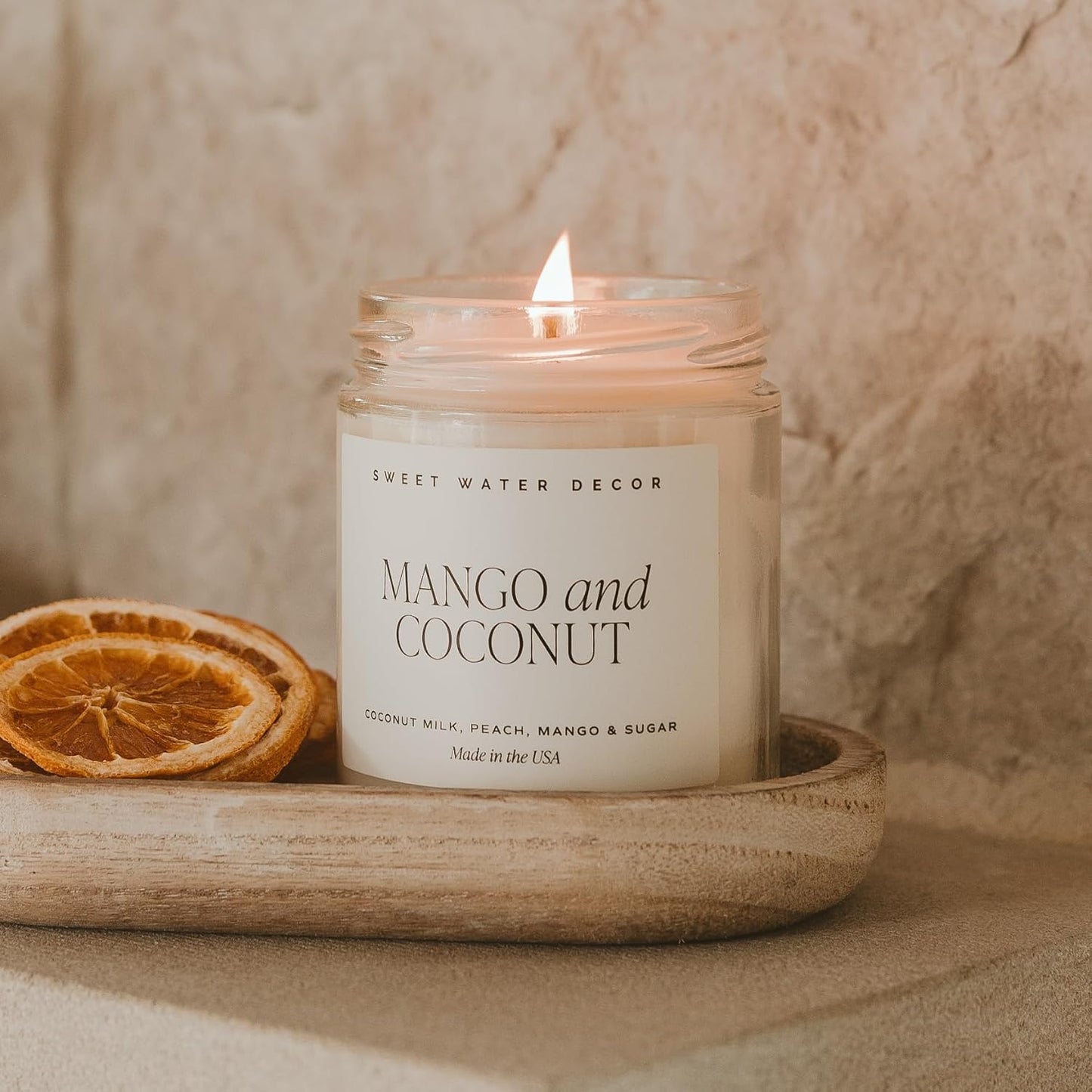 Sweet Water Decor Mango & Coconut Soy Candle - Pineapple, Mango and Orange Scented Summer Candles for Home - 9oz Clear Jar + Gold Lid, 40+ Hour Burn Time, Made in The USA