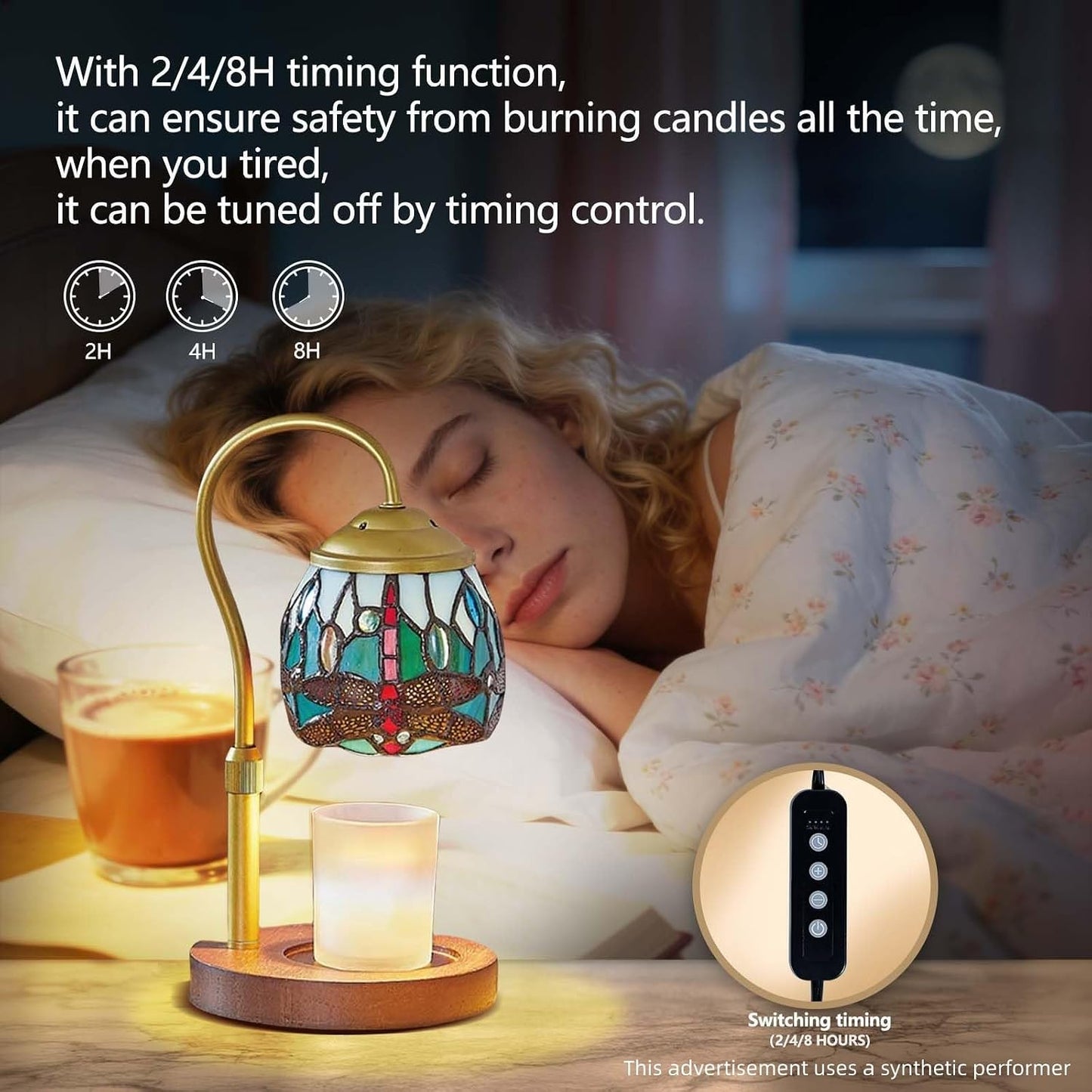 Dragonfly Tiffany Style Candle Warmer Lamp, Adjustable Height Candle Warmer Lamp with Timer and Dimmer, Dimmable Electric Candle Warmer for Scented Wax, Glass Shade, Metal Stem, Wooden Base