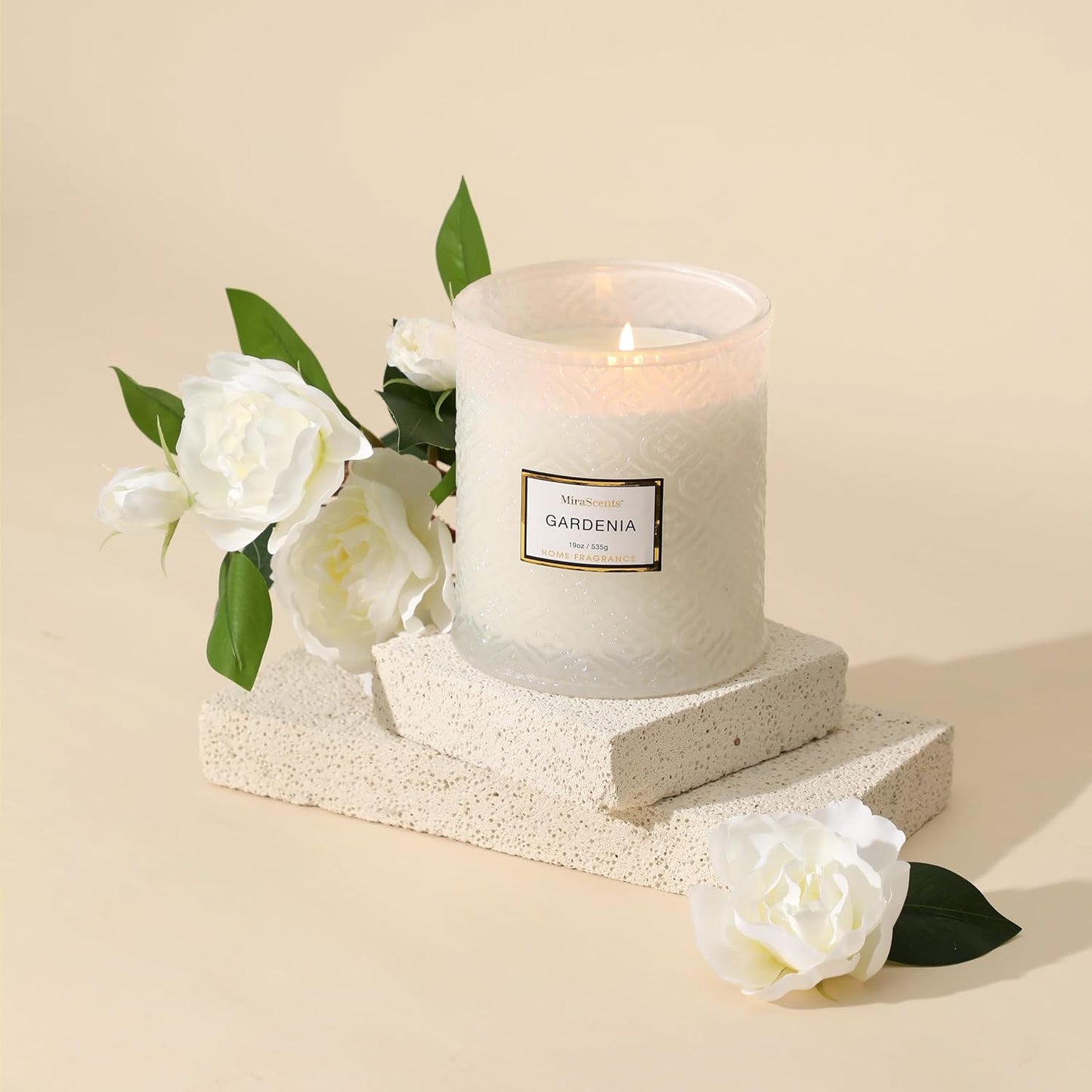 Gardenia Candle - White Floral Fragrance | 19 oz Large Soy Wax Candle in Embossed Glass Jar | Long Lasting Decorative Candle for Home Decor Gift for Women
