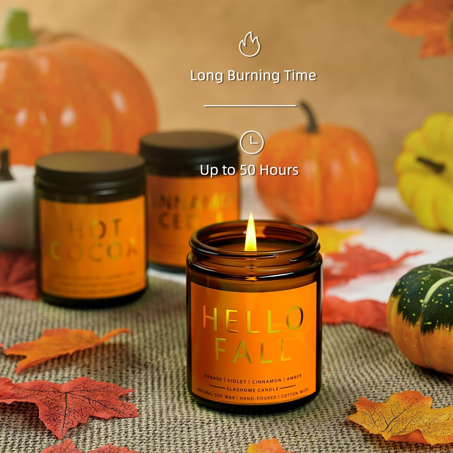 Fall Candles Set | 4 Pack Candles for Home Scented Natural Soy Wax, Autumn Gifts Set for Women Men, Fall Fragrance of Hellofall, Spice Pumpkin, Apple Cider, Hot Cocoa