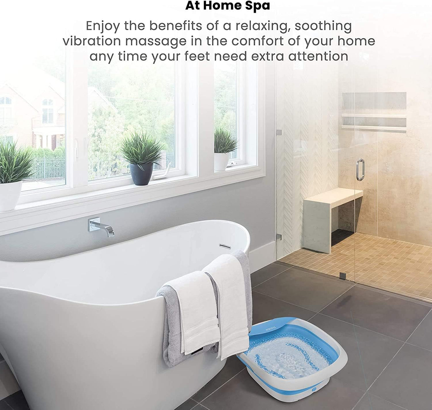 HoMedics Compact Pro Spa Collapsible Footbath with Heat Maintenance, Vibration Massage, ACU-Node Surface, Improves Circulation, Soothe Tired Muscles, Tub for Easy Storage, Blue and White