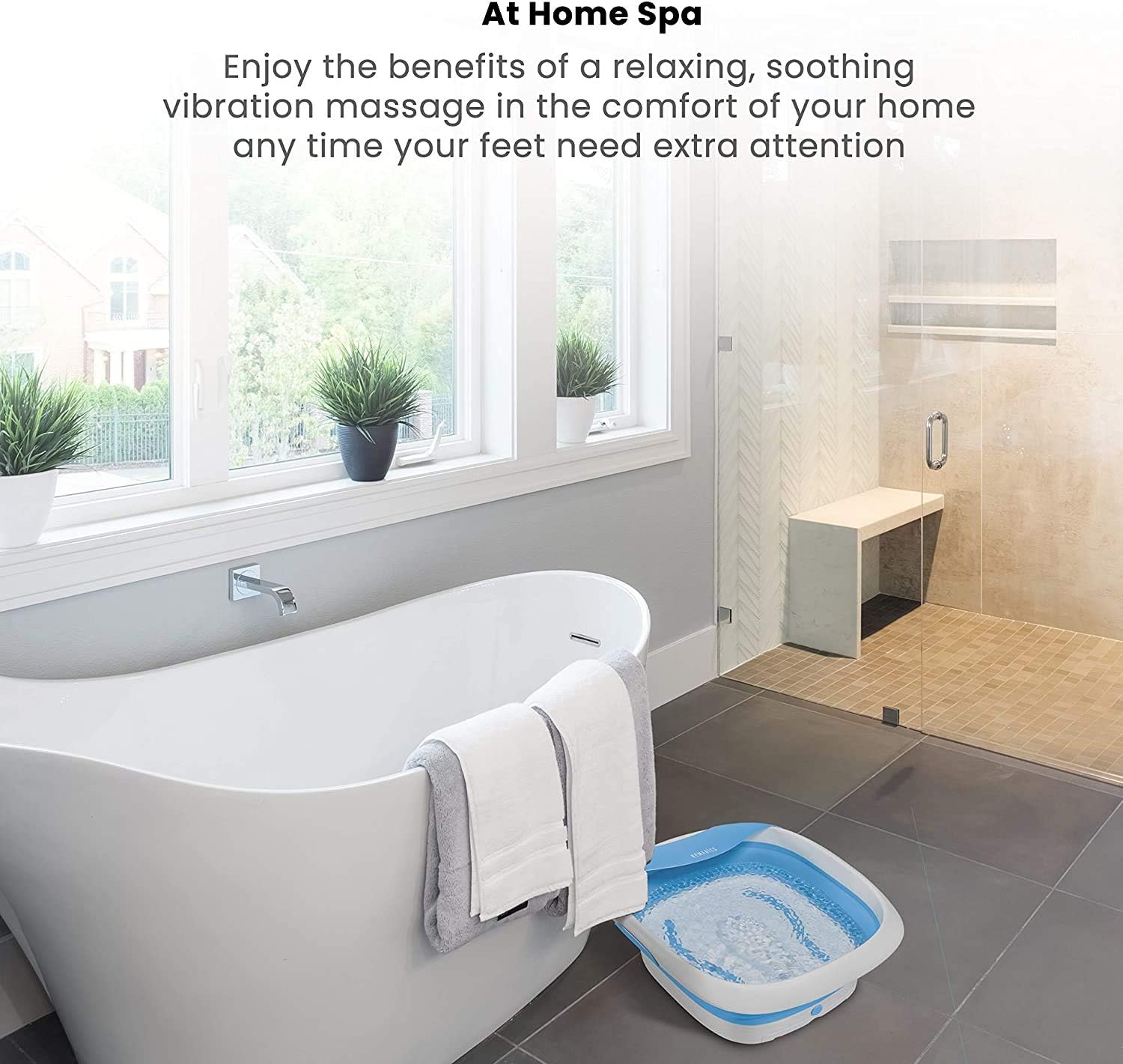 HoMedics Compact Pro Spa Collapsible Footbath with Heat Maintenance, Vibration Massage, ACU-Node Surface, Improves Circulation, Soothe Tired Muscles, Tub for Easy Storage, Blue and White