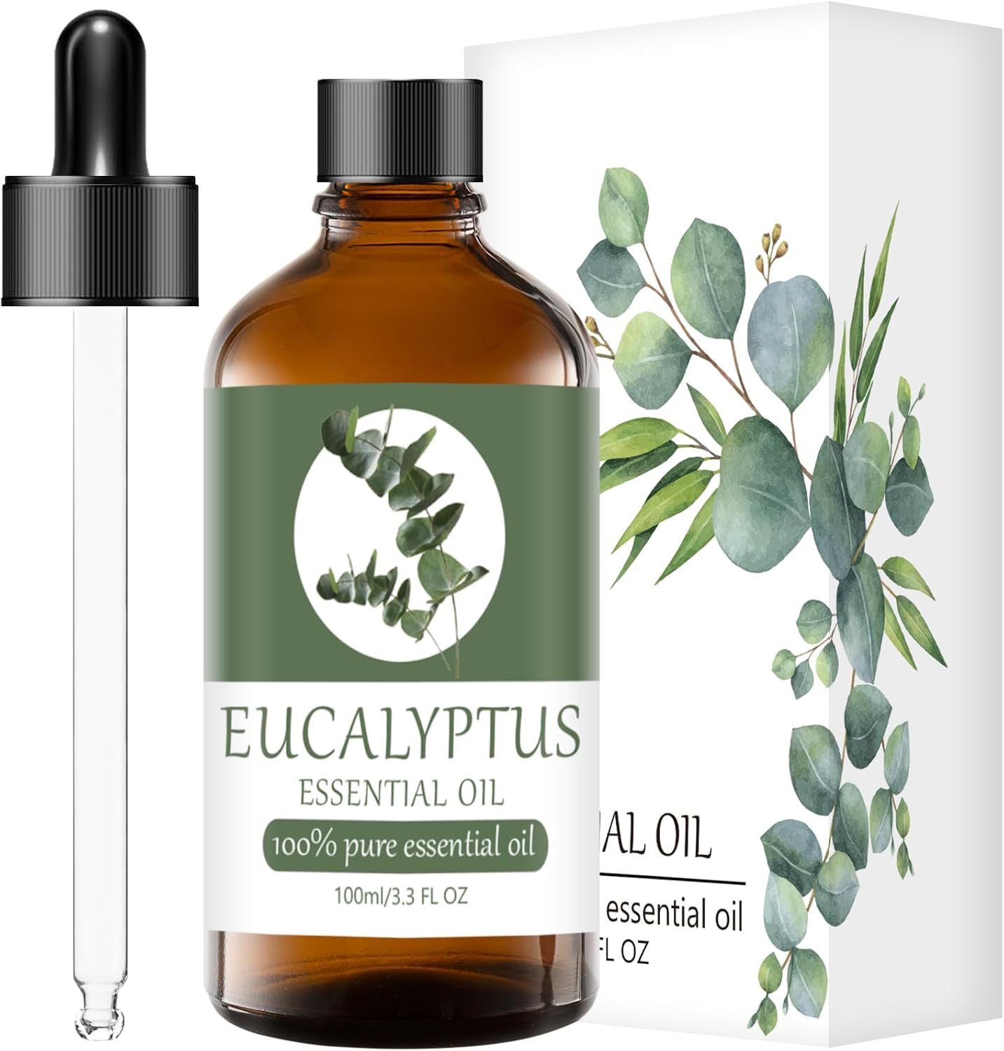 Eucalyptus Essential Oil 100% Pure & Natural Organic (3.3 Fl. Oz) for Humidifiers, Skin Care, Massage, Aromatherapy, Premium Delicate Grade with Glass Dropper for Air Freshening, Cleaning, Home