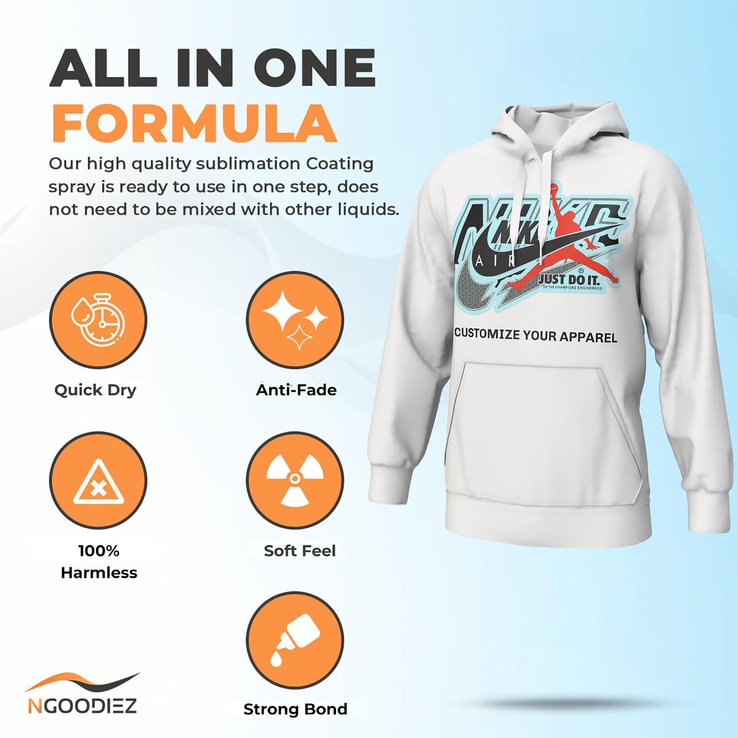 NGOODIEZ Sublimation Spray for Cotton T-Shirts & Polyester | Complete Kit with Pro Guide | Sublimation Coating Spray for All Materials | Quick Dry, Anti-Fade, Washable, One Step Application (250ml)