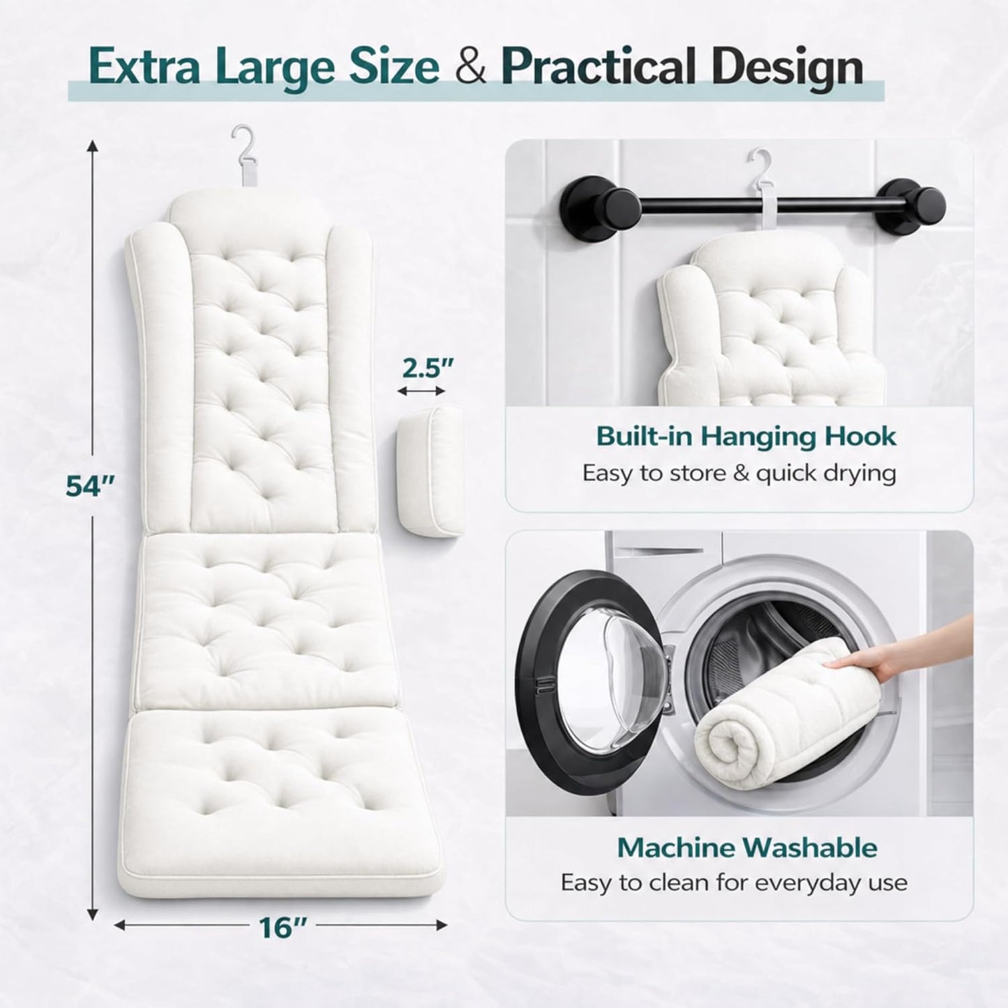 Full Body Bathtub Pillow, Extra Long & Thick Bath Cushion with Strong Suction Cups, Soft Head Neck & Back Support for Master Bathroom Evening Soaking (White)