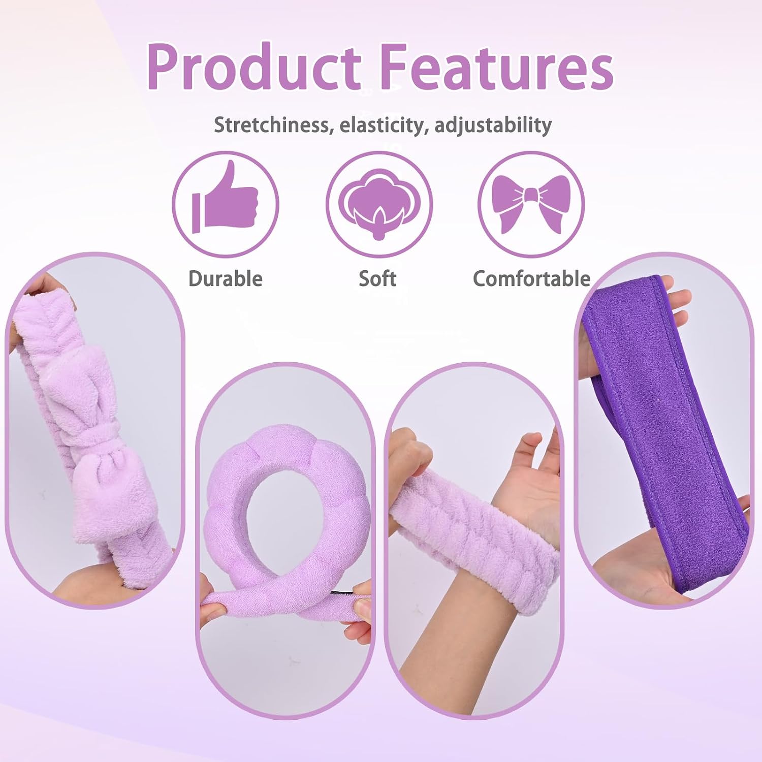 20 Piece Spa Set, Face Wash Headband and Wristband, Bubble Headband, Gifts for Ladies, Women's Headbands (Purple)