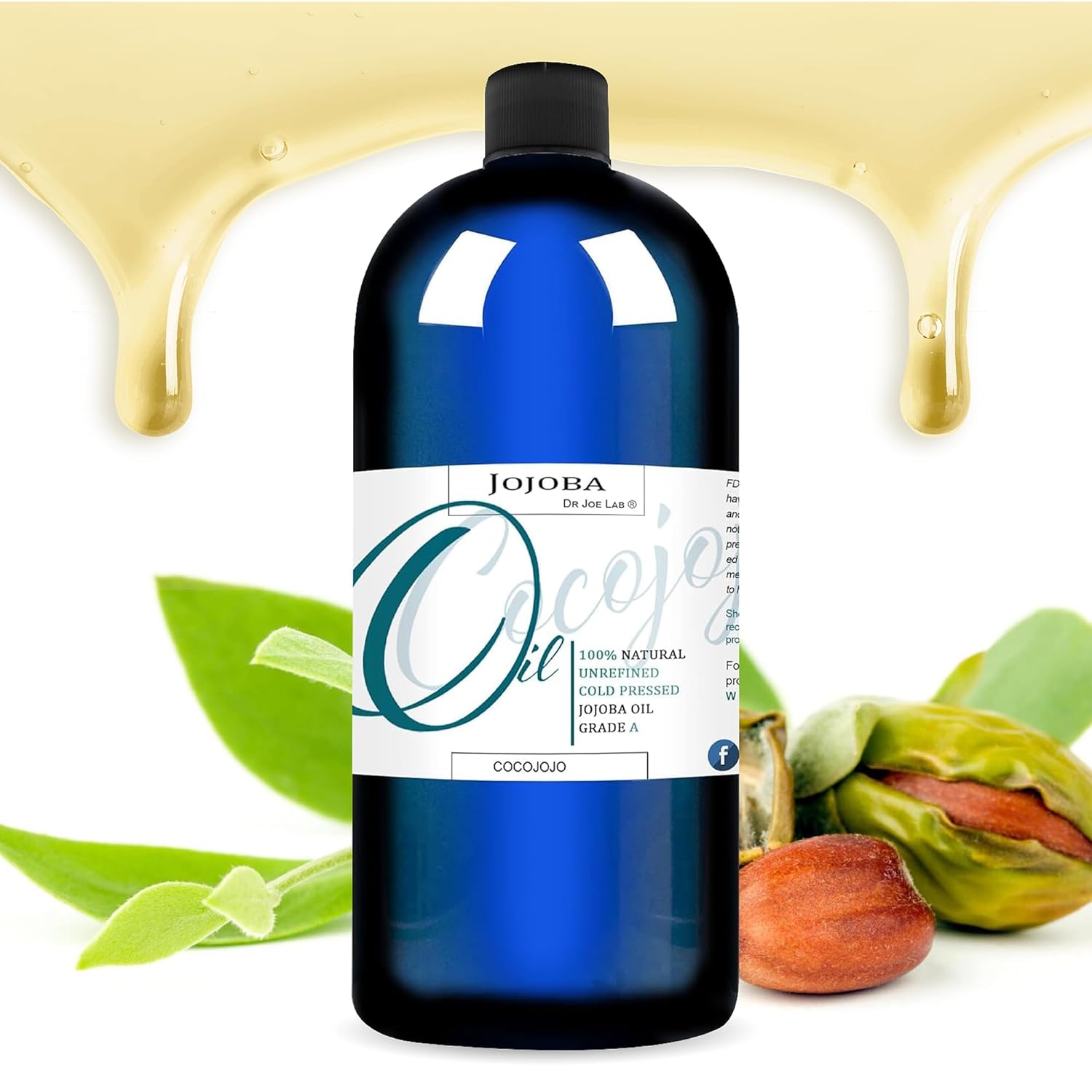 Dr Joe Lab Jojoba Oil Organic Cold Pressed for Hair Growth, Skin, Face, Deep Moisturizing Anti-Aging, Essential Oils - 32 Fl Oz