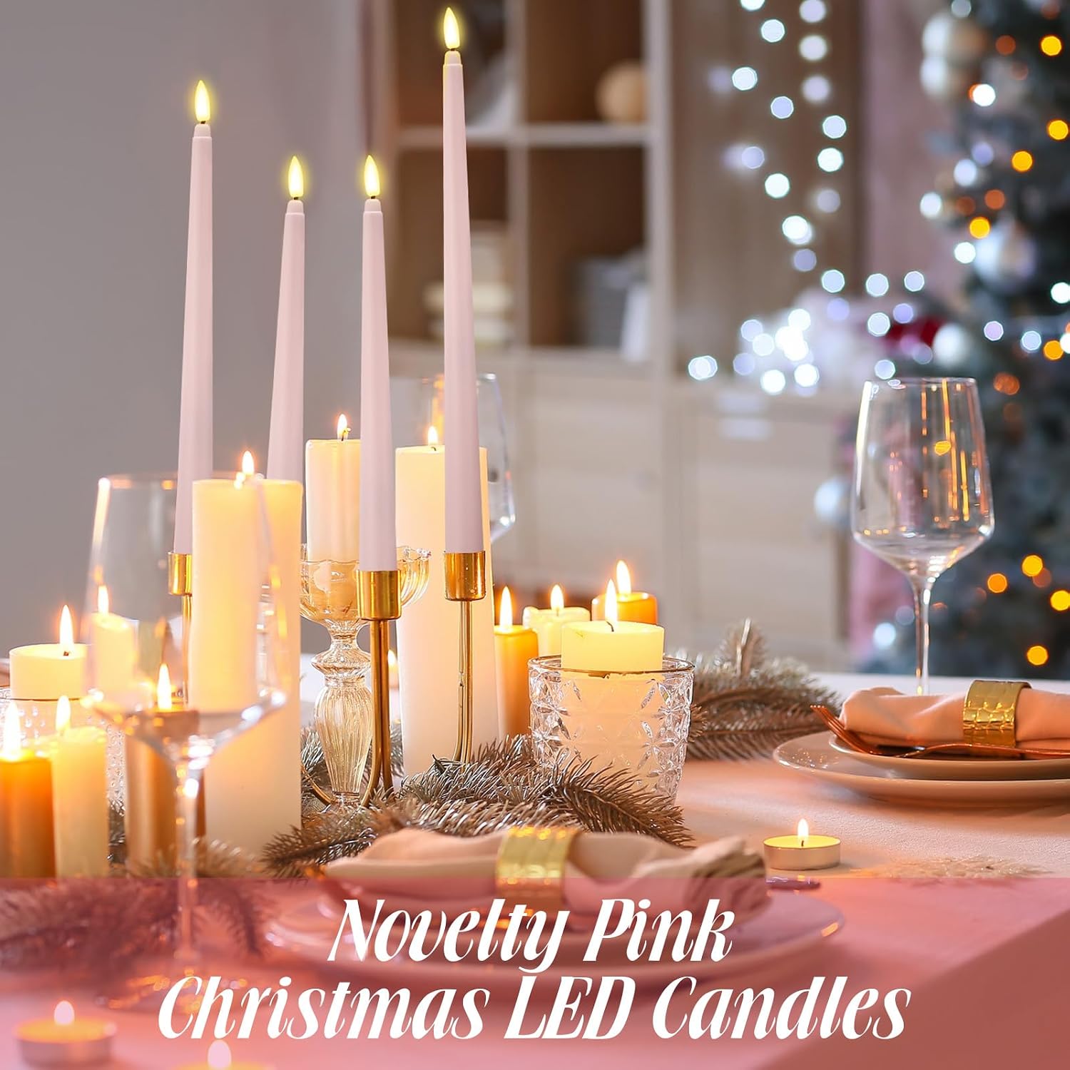 Rossesay 48 Pcs Flameless LED Taper Candles Battery Operated Candles 4 Sizes of 8.5'', 9.65'', 10.83'', 12.8'' Flameless Candlesticks Flickering for Halloween Christmas Church Wedding(Dusty Pink)