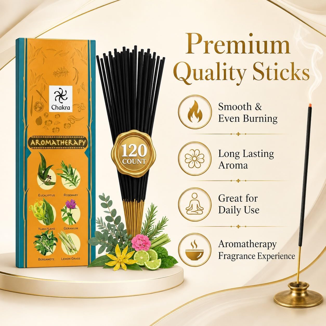 Aromatherapy Incense Gift Pack – 120 Natural Sticks (6 Boxes) – Relaxing, Stress Relief, Meditation, Refreshing, Sensuality & Energising Scents – Eucalyptus, Geranium & More | Chakra