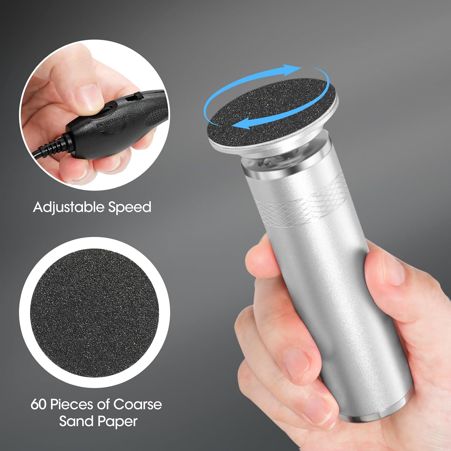 Upgraded Electric Foot Callus Remover, Adjustable Speed Feet File, Feet Callus Remover Kit with 60 Sandpaper Discs for Man Women Dead Skin, Hard Cracked Skin, Dry Skin, Ideal Gift(Silver)