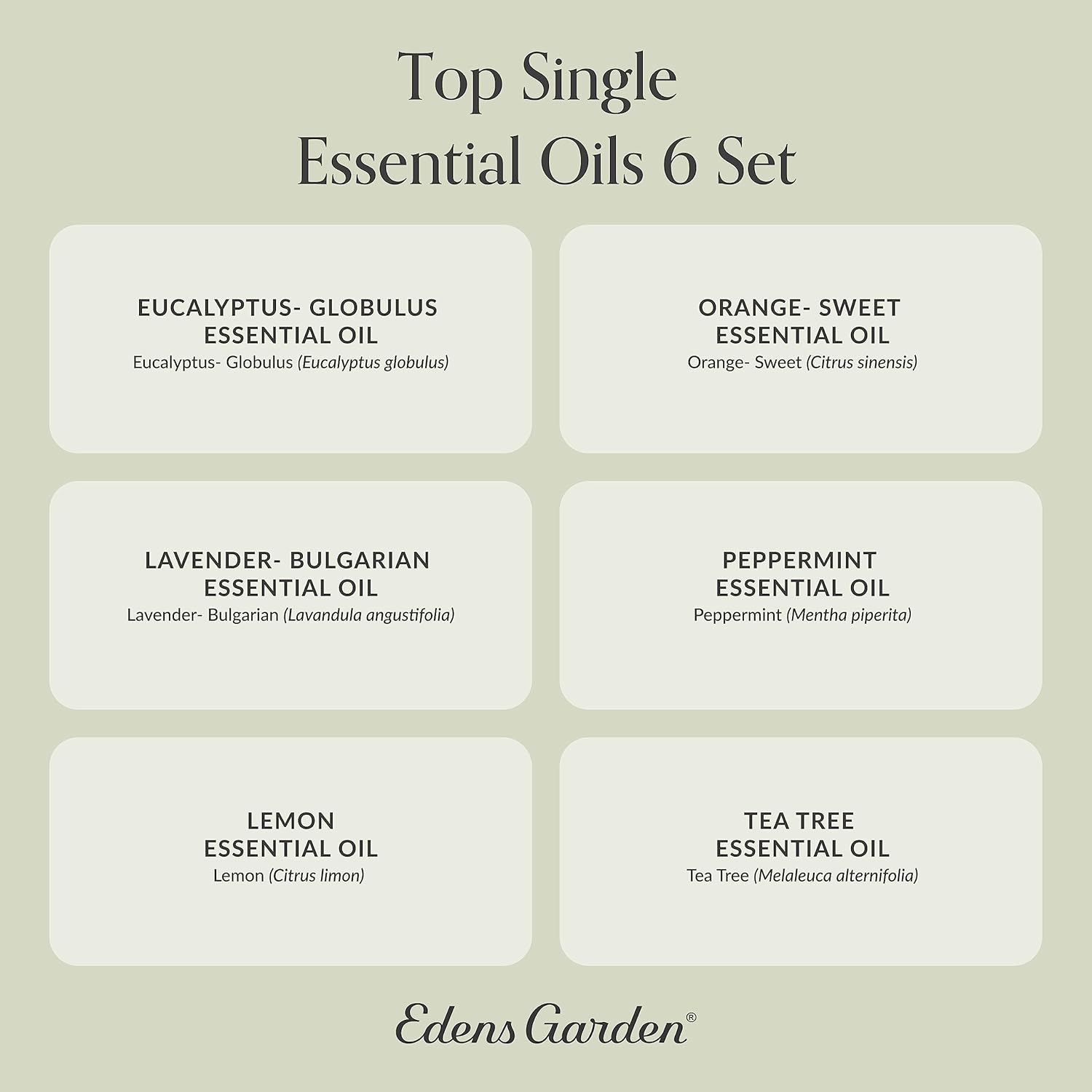 Edens Garden Top Essential Oils 6 Set – 100% Pure Therapeutic Grade, Undiluted: Lavender, Peppermint, Eucalyptus, Tea Tree, Lemongrass, Sweet Orange – Aromatherapy Oil for Diffusers, 10 ml/ 6 Pack