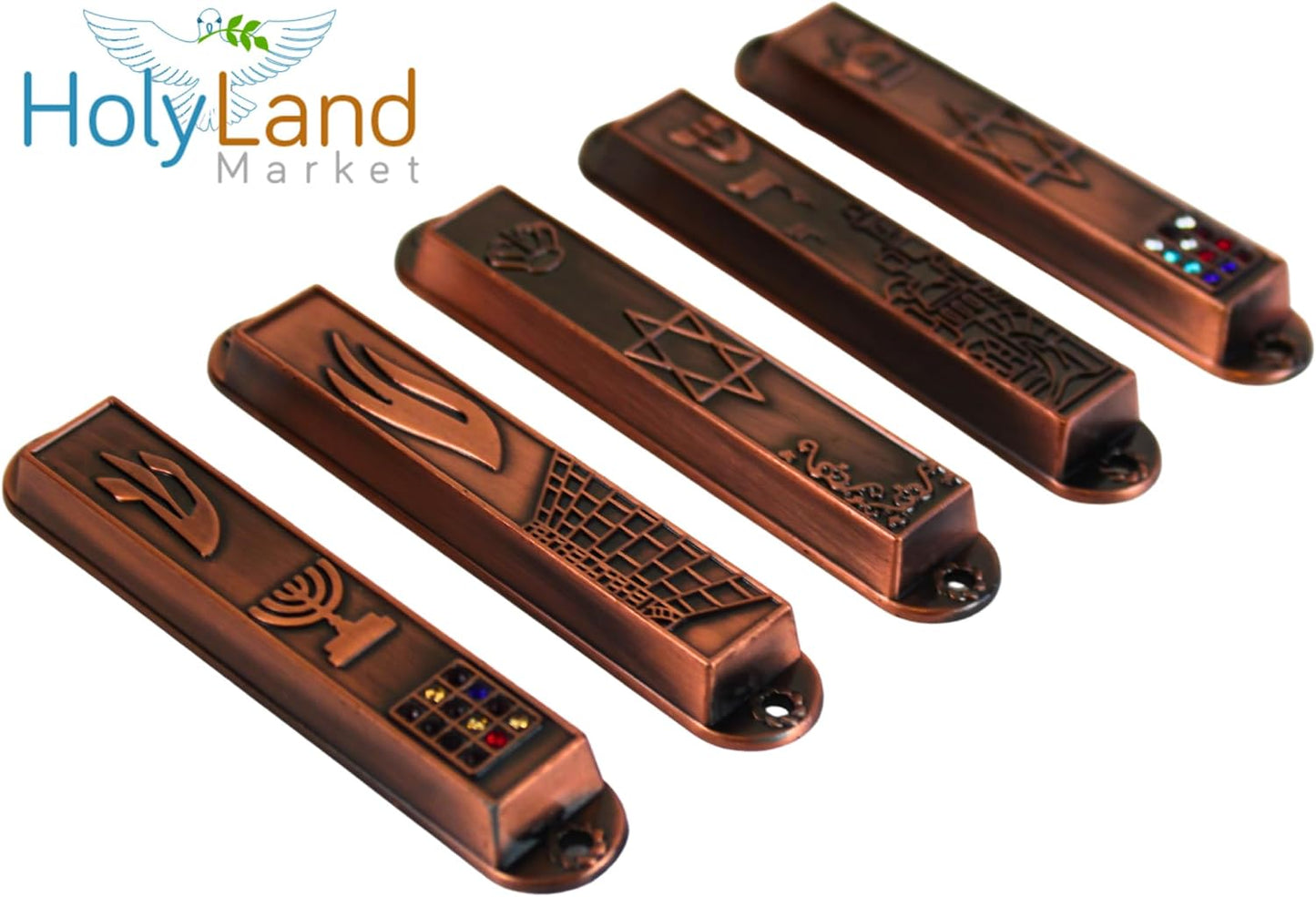 Holy Land Market A Set of 5 Clean and Smooth Cut Mezuzahs Symbols with Different enameled Themes. Each is About 3.5 Inches and Comes with Scrolls and Screws for Hanging (Copper)