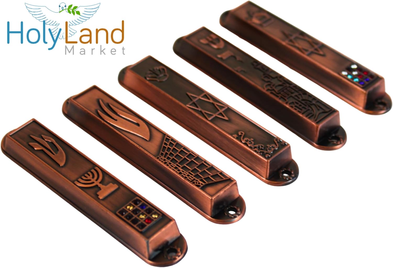 Holy Land Market A Set of 5 Clean and Smooth Cut Mezuzahs Symbols with Different enameled Themes. Each is About 3.5 Inches and Comes with Scrolls and Screws for Hanging (Copper)