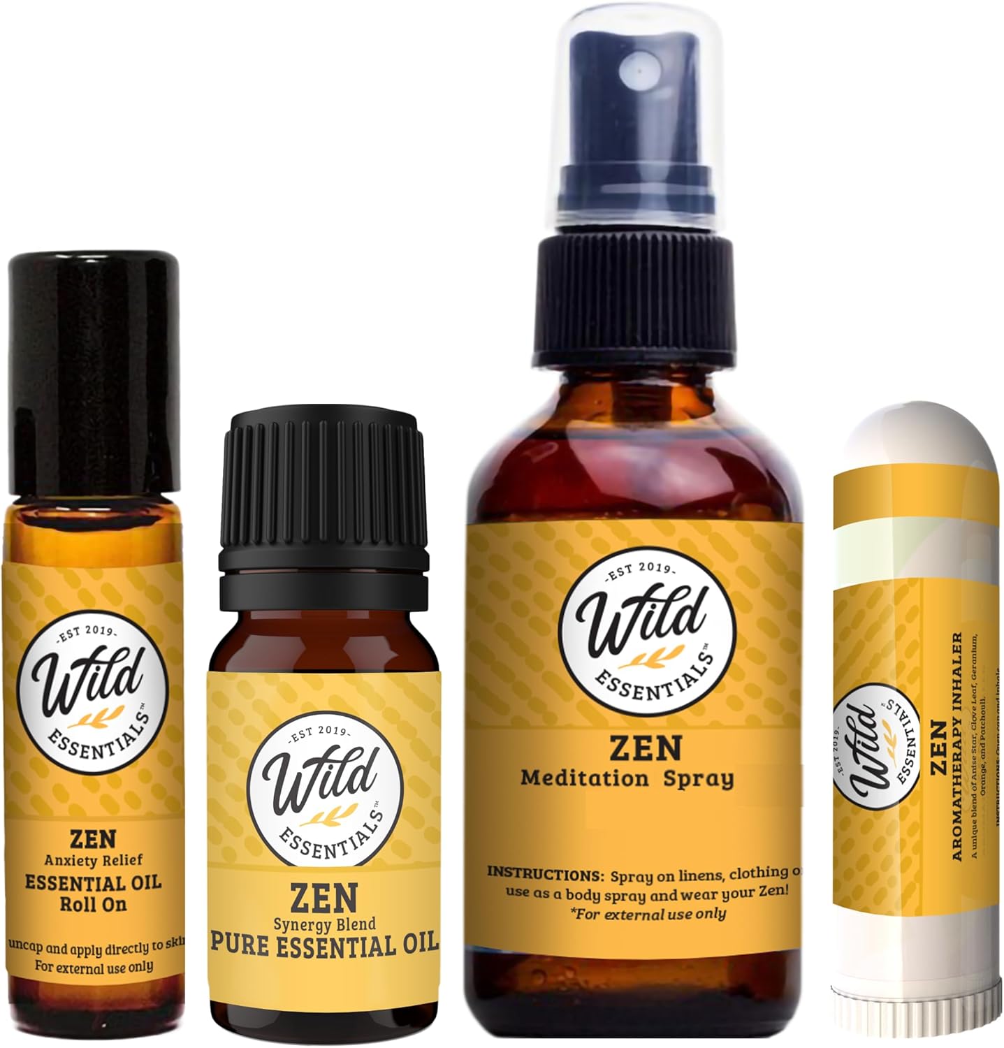 Zen Essential Oil Bundle – Relaxation & Meditation Blend | Oil, Roll-On, Spray & Inhaler | Wild Essentials Aromatherapy