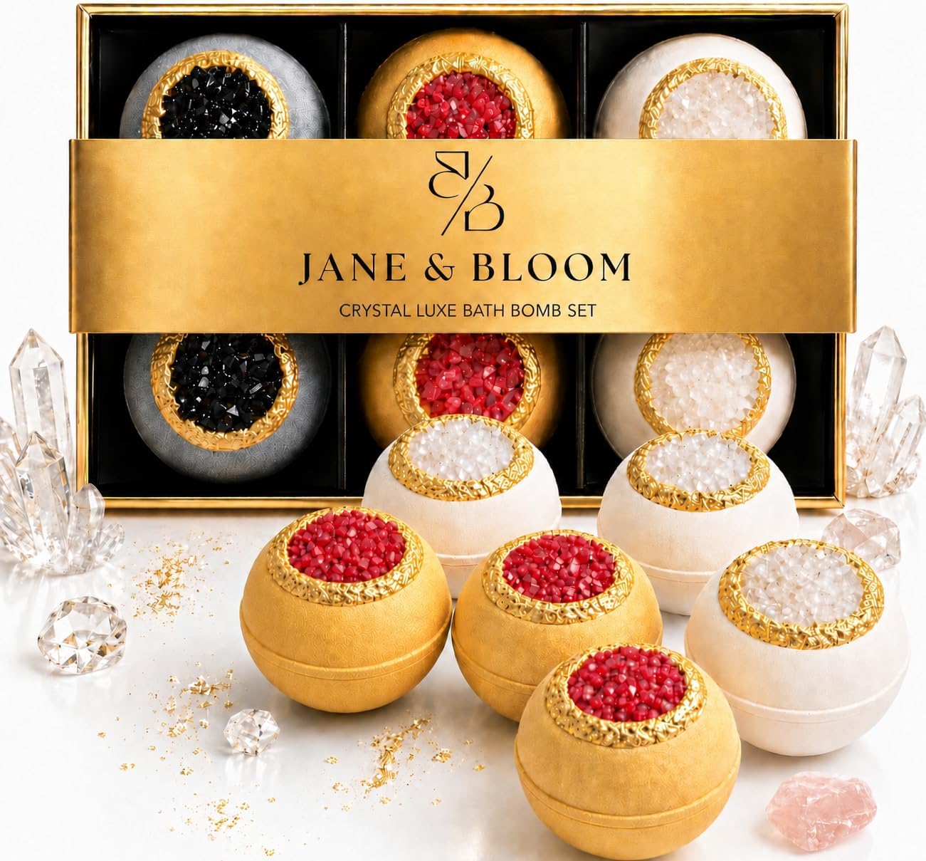 Crystal Luxe Bath Bomb Gift Set for Women, 6 Large Moisturizing Bath Bombs with Natural Oils, Luxury Home Spa Fizzies for Relaxation, Self Care, Birthday & Mothers Day Gifts