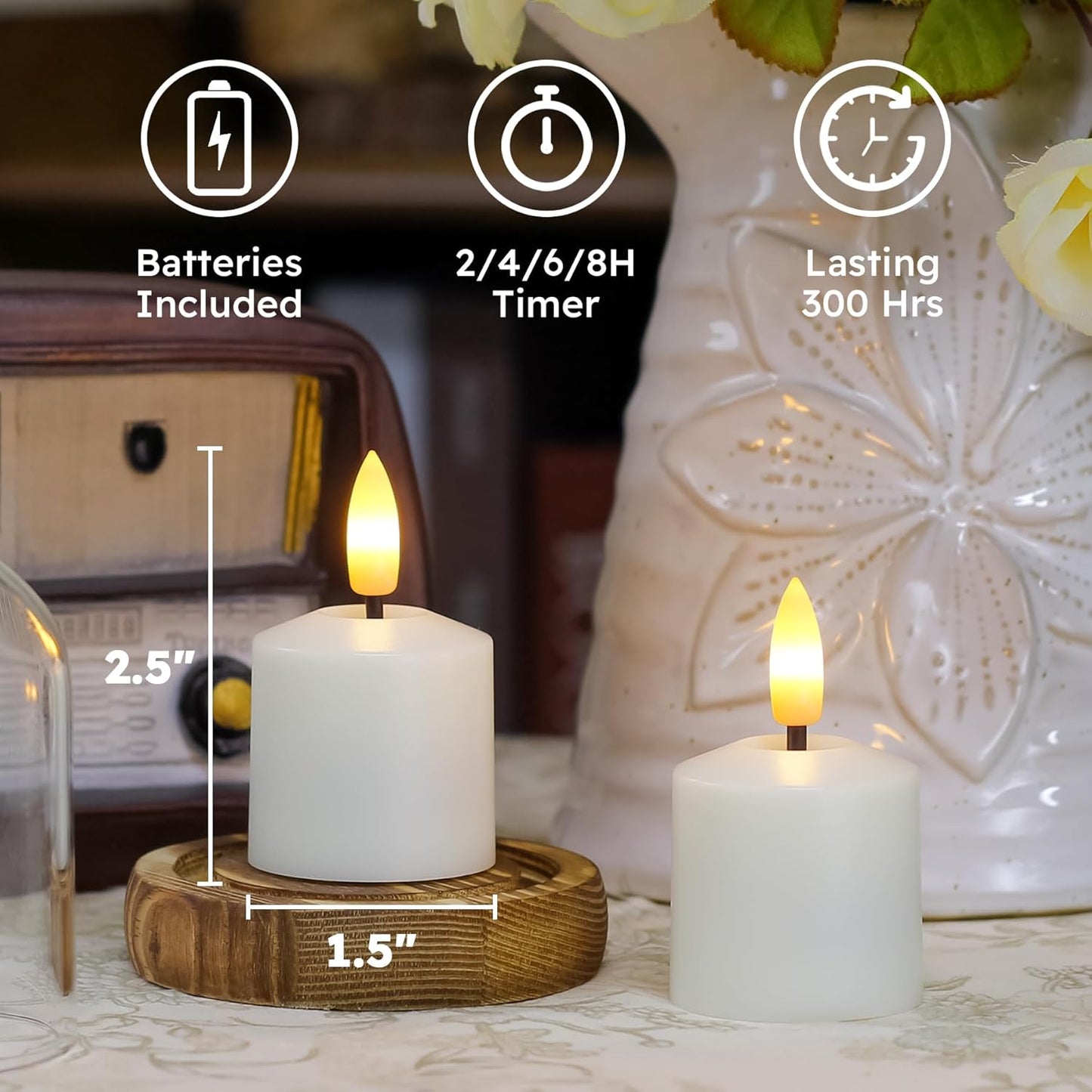 Small Flickering Tea Light Flameless Candles with Battery and Remote,1.5" x2.5" Ivory LED 2/4/6/8H Timer Votive Battery Operated Pillar Plastic Long Lasting 6pcs Tealight Candles