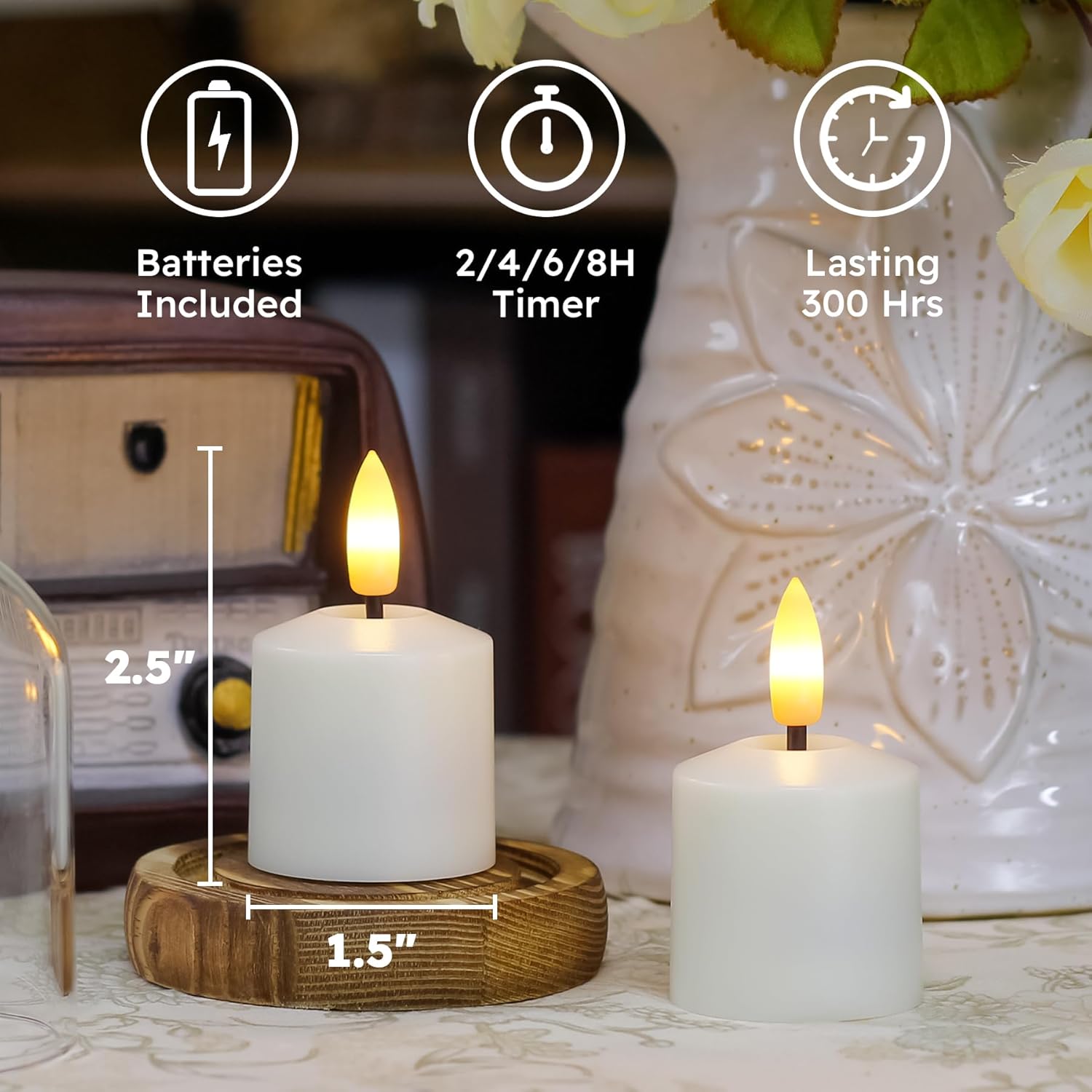 Small Flickering Tea Light Flameless Candles with Battery and Remote,1.5" x2.5" Ivory LED 2/4/6/8H Timer Votive Battery Operated Pillar Plastic Long Lasting 6pcs Tealight Candles