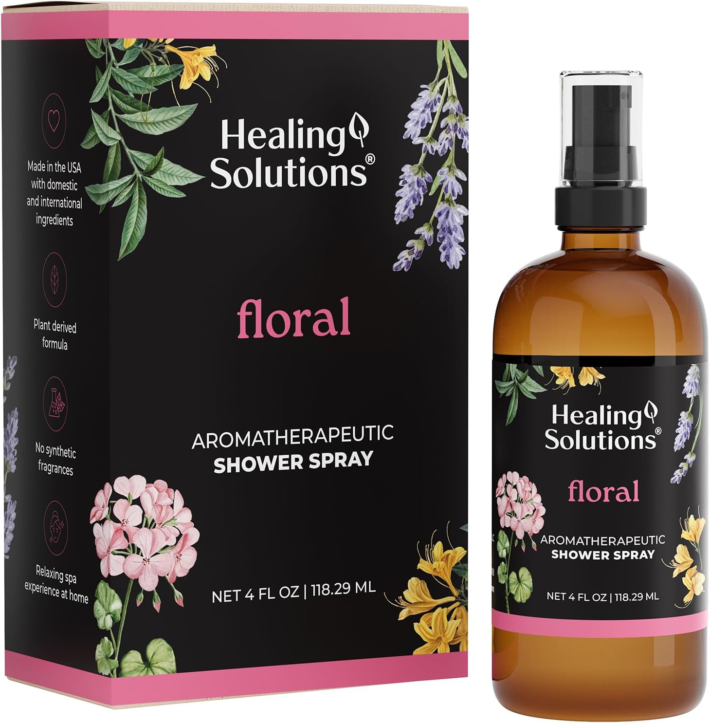 Healing Solutions Aromatherapy Shower Spray, Floral Blend, 4oz, Therapeutic Grade Essential Oils, Made in the USA, At Home Spa Experience (4oz, Floral)