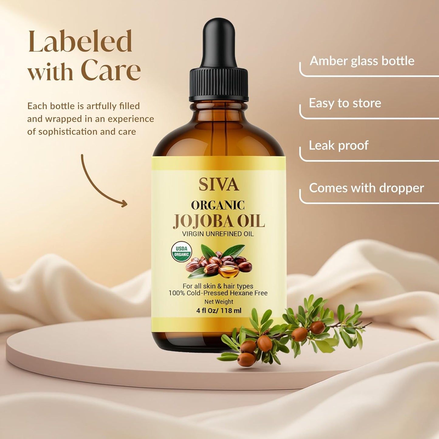 Siva Jojoba Organic Oil 4oz (118ml) Premium Cold-Pressed 100% Natural Organic Carrier Oil with Dropper for Face, Skin Care, Body Massage, Hair Care, Hair Oiling & Scalp Massage